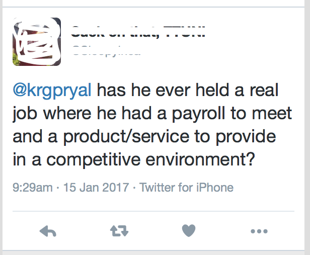 The tweet reads: "has he ever held a real job where he had a payroll to meet and a product/service to provide in a competitive environment?"